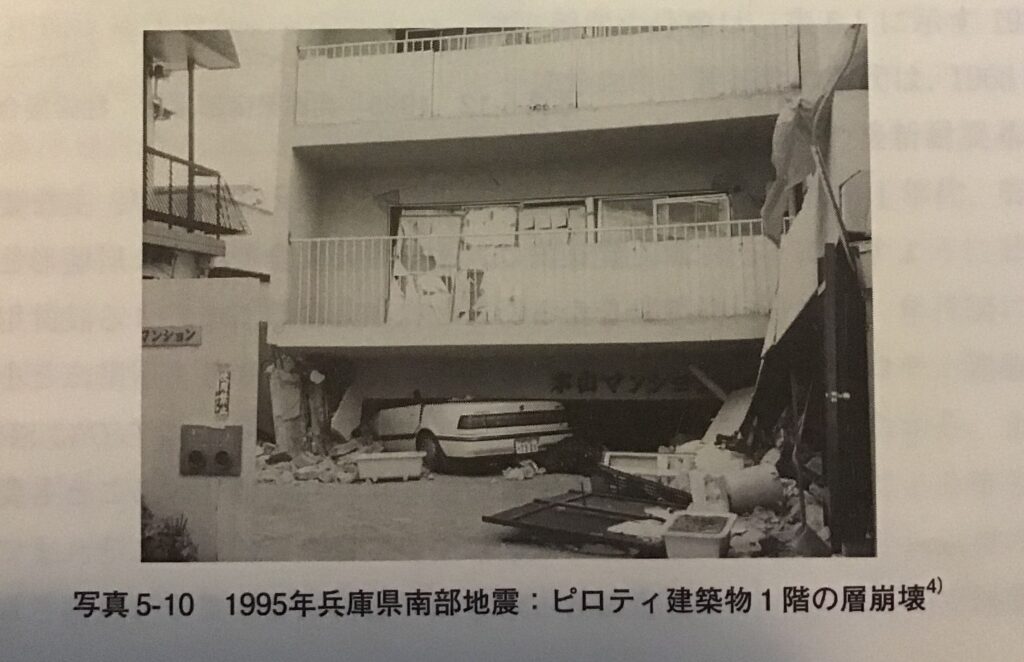 写真5-10 1995年兵庫県南部地震 ピロティ建築物1階の層崩壊